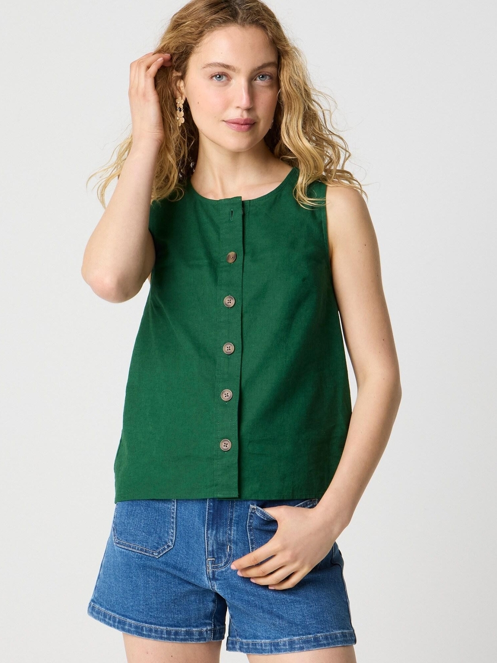J.Crew Linen Cotton Button-front Shell Green Top Sleeveless S EUC